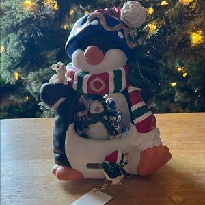 Ceramic Rotating Festive Penguin Figurine with Christmas Tree Music Box